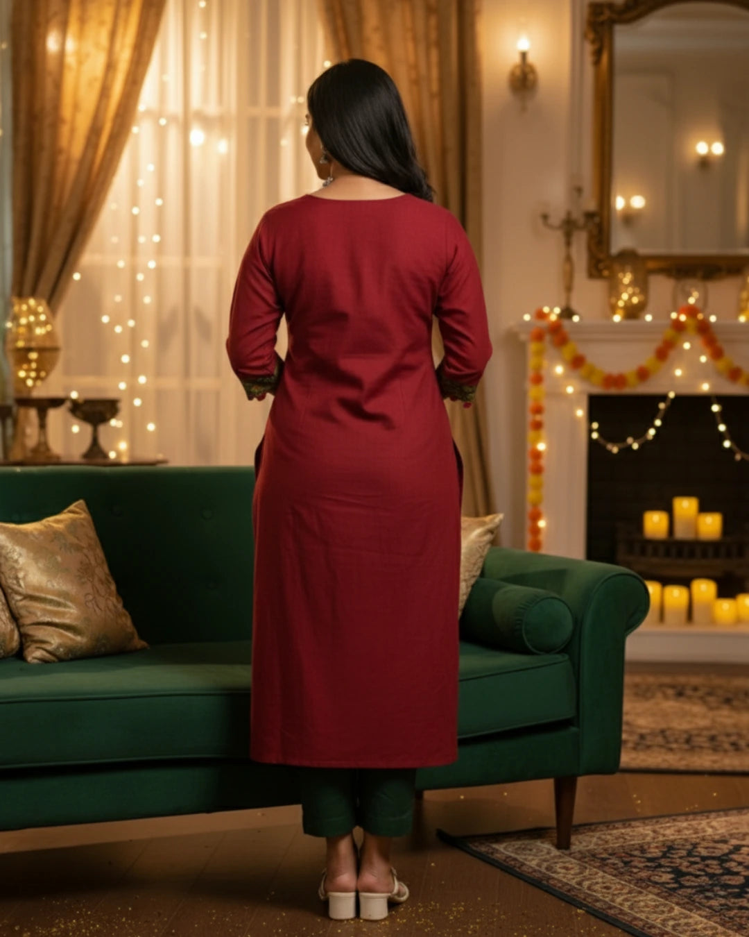 Aarvi Green & Maroon Sambalpuri Handwoven Cotton Kurta Set