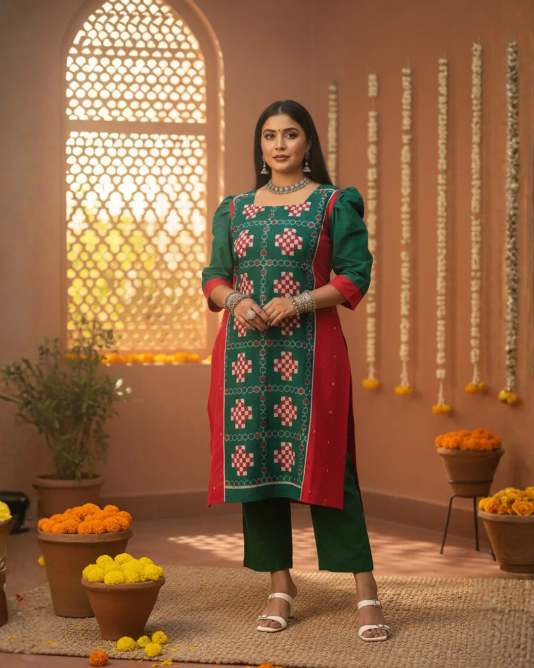 Devika Green & Red Sambalpuri Handwoven Cotton Kurta Set