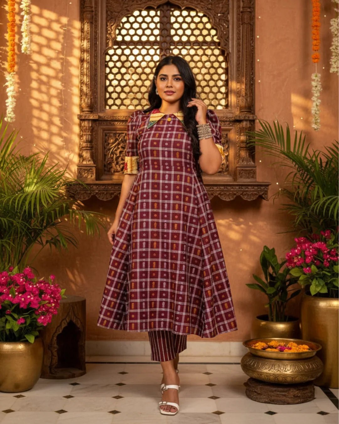Tanirika Maroon & Mustard Handwoven Ikat Cotton Gown Set