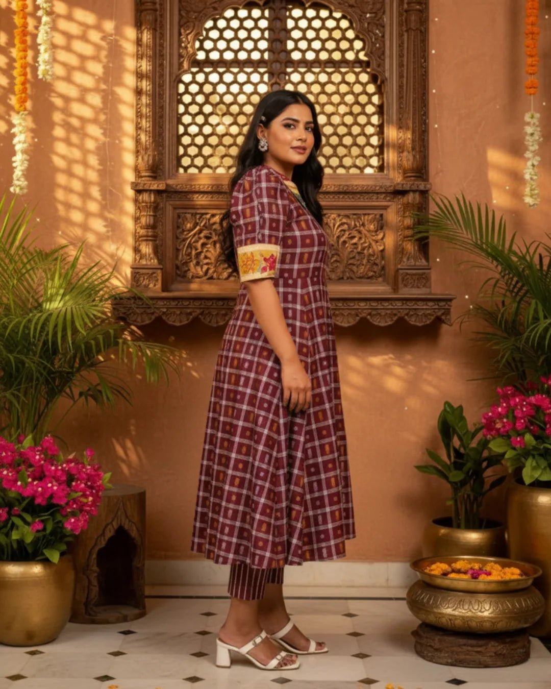 Tanirika Maroon & Mustard Handwoven Ikat Cotton Gown Set
