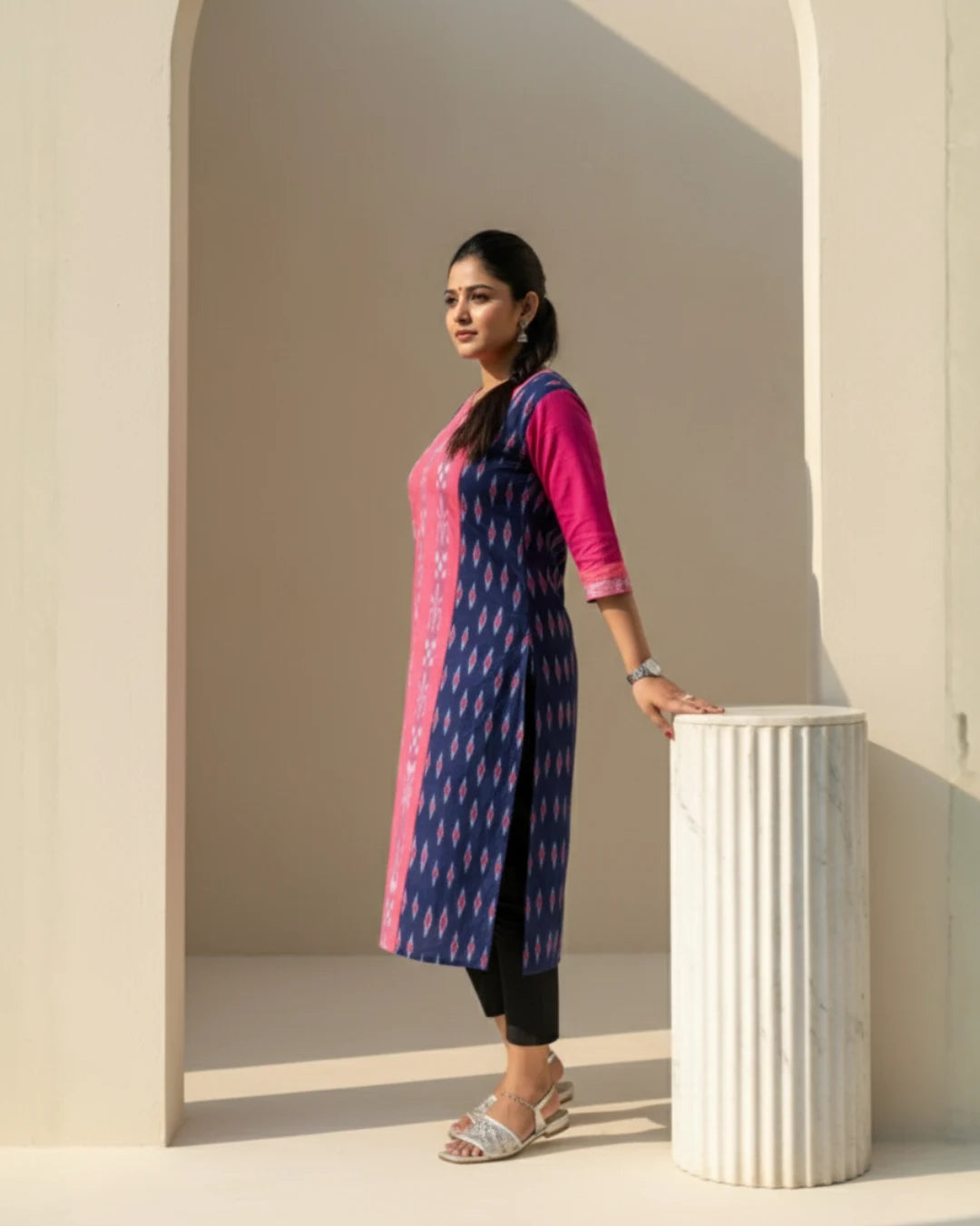 Aarohi Navy Blue & Pink Handwoven Ikat Cotton Kurta Set