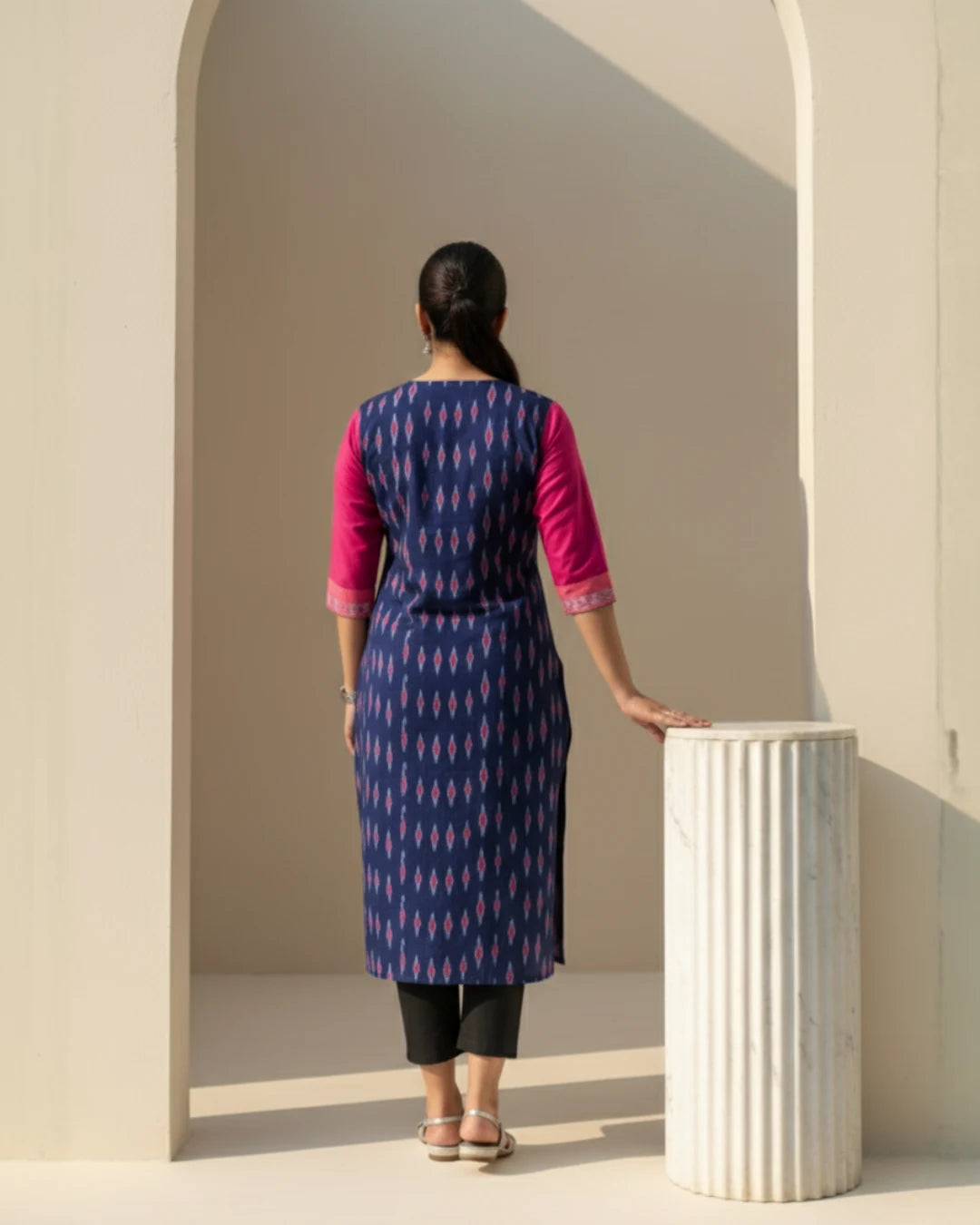 Aarohi Navy Blue & Pink Handwoven Ikat Cotton Kurta Set