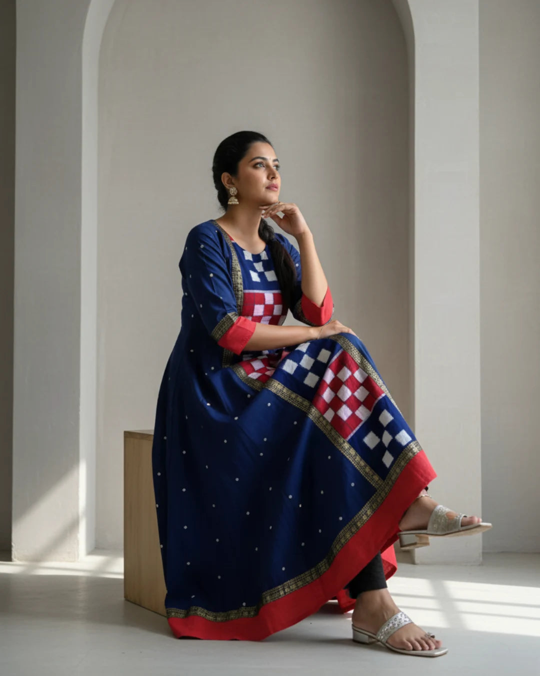Devanshi Navy Blue & Red Handwoven Ikat Cotton Gown