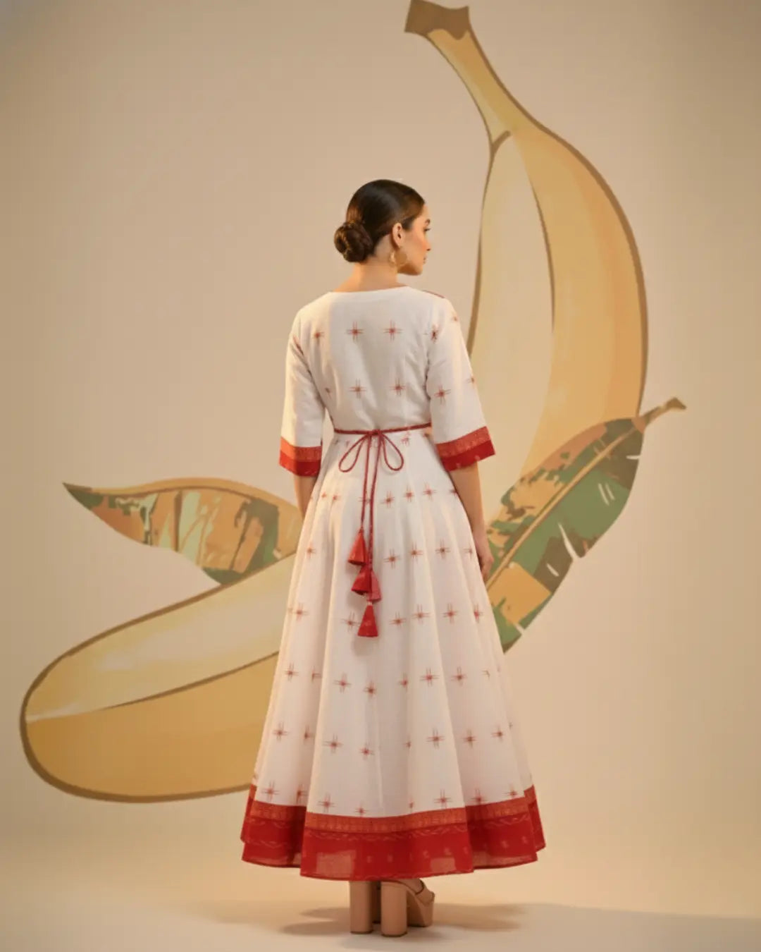 Yashita White & Red Sambalpuri Cotton Gown