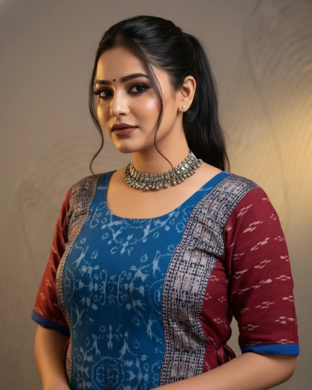 Mehira Maroon & Blue Sambalpuri Cotton Gown - PINDHAN