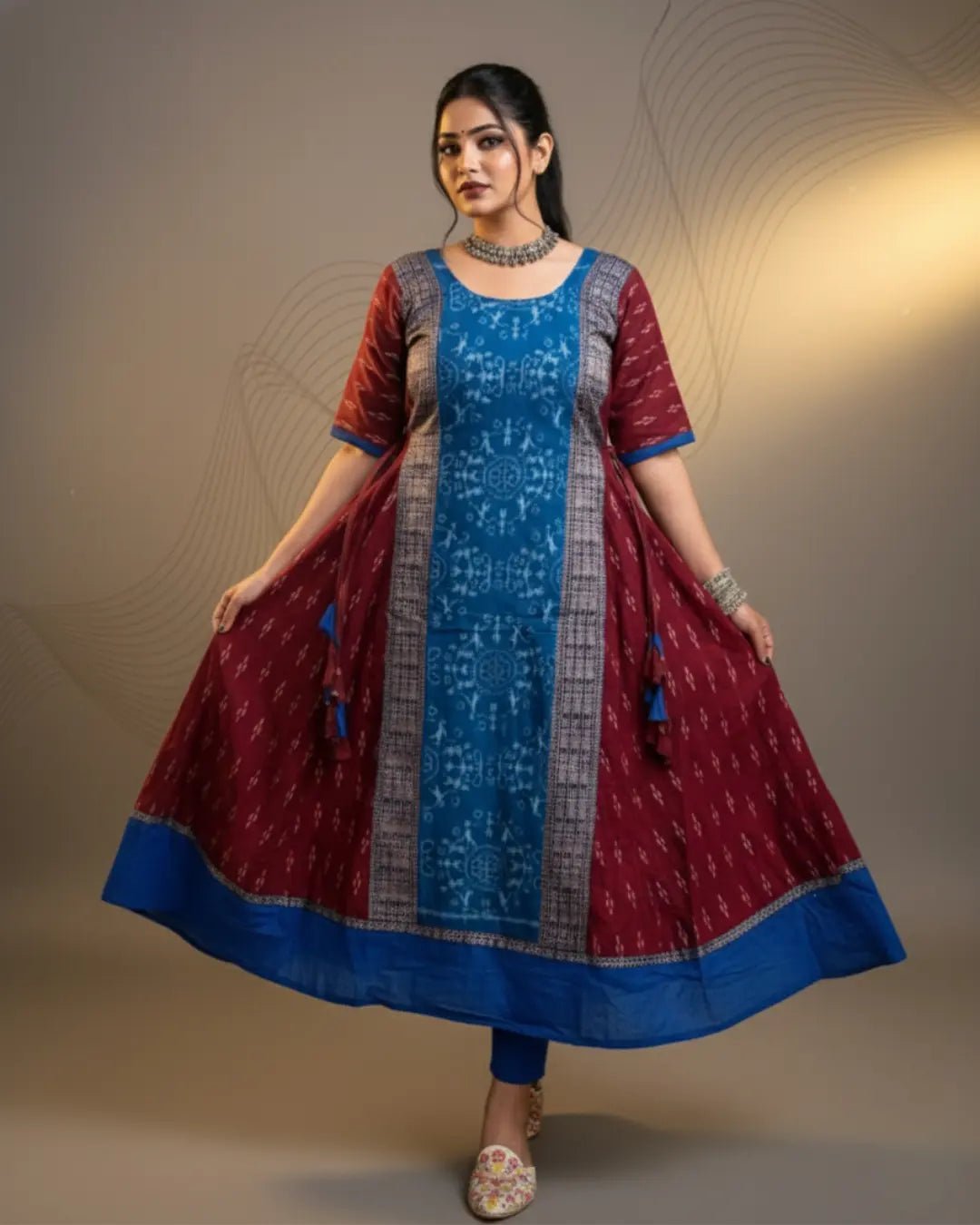 Mehira Maroon & Blue Sambalpuri Cotton Gown - PINDHAN