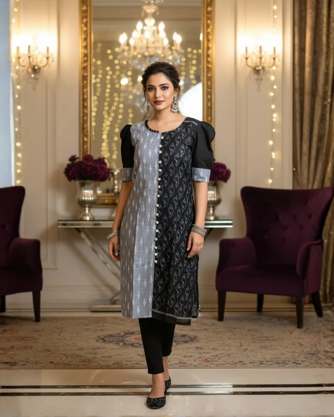 Nihira Black & Grey Sambalpuri Cotton Kurti