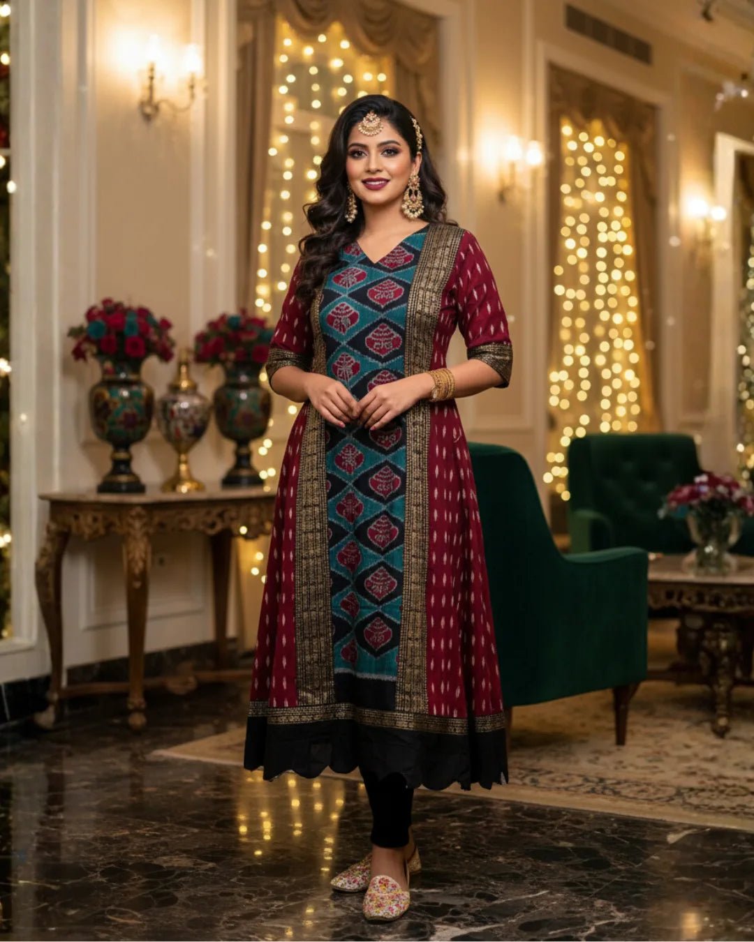 Tanira Maroon & Teal Sambalpuri Handwoven Kurti - PINDHAN