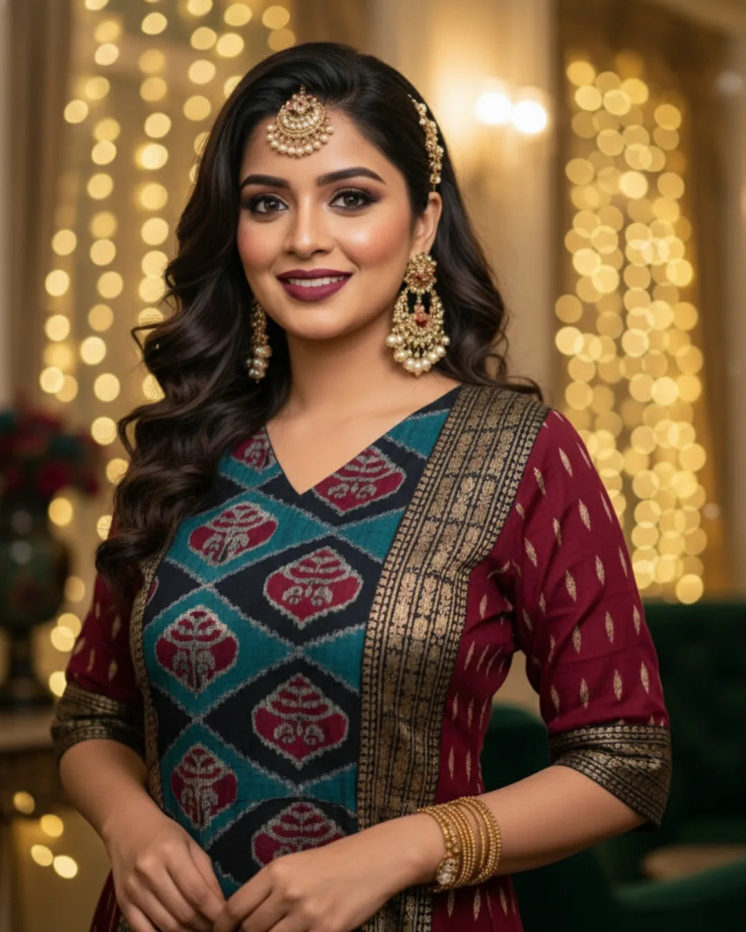 Tanira Maroon & Teal Sambalpuri Handwoven Kurti