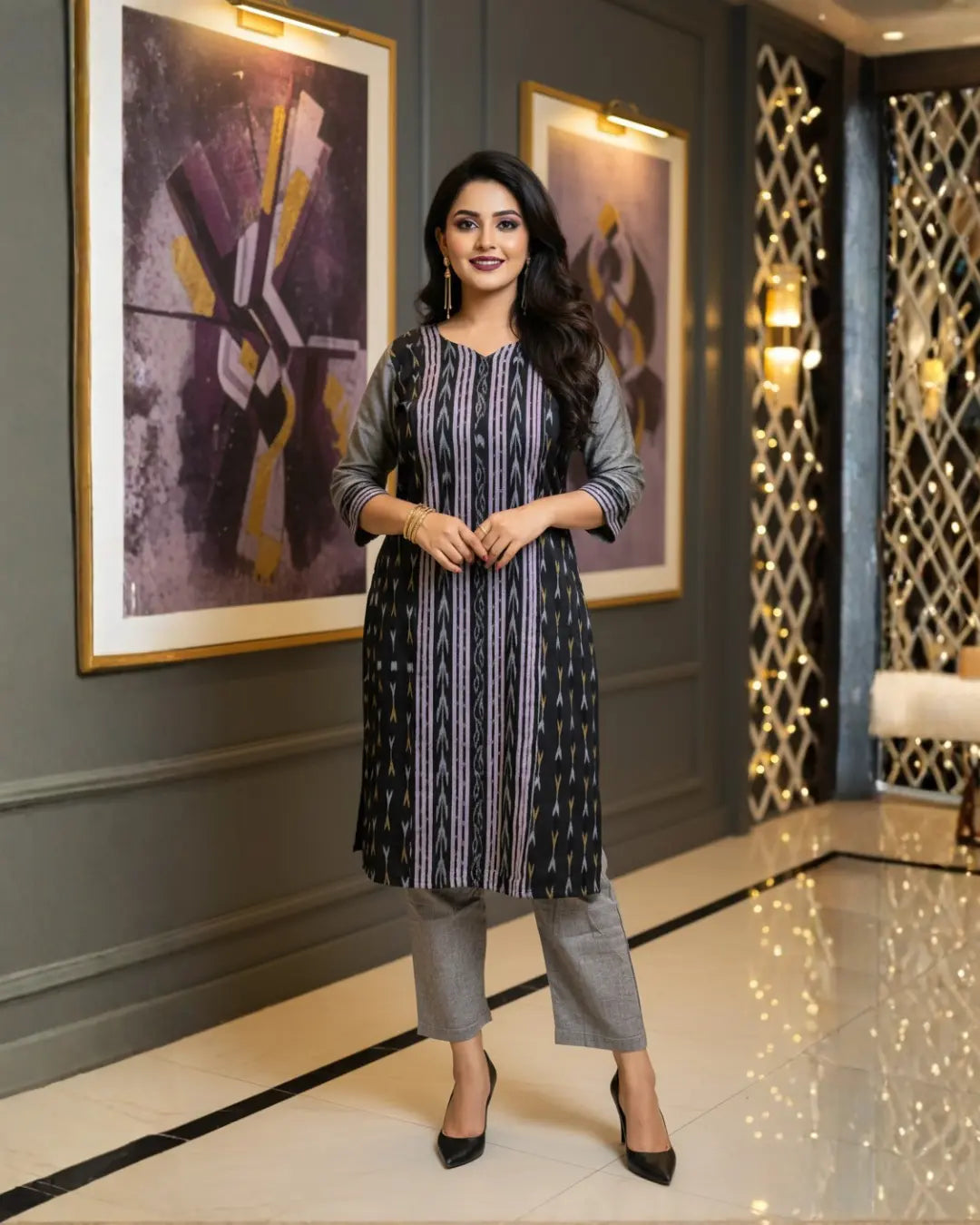 Aradhya Grey & Black Sambalpuri Cotton Kurti