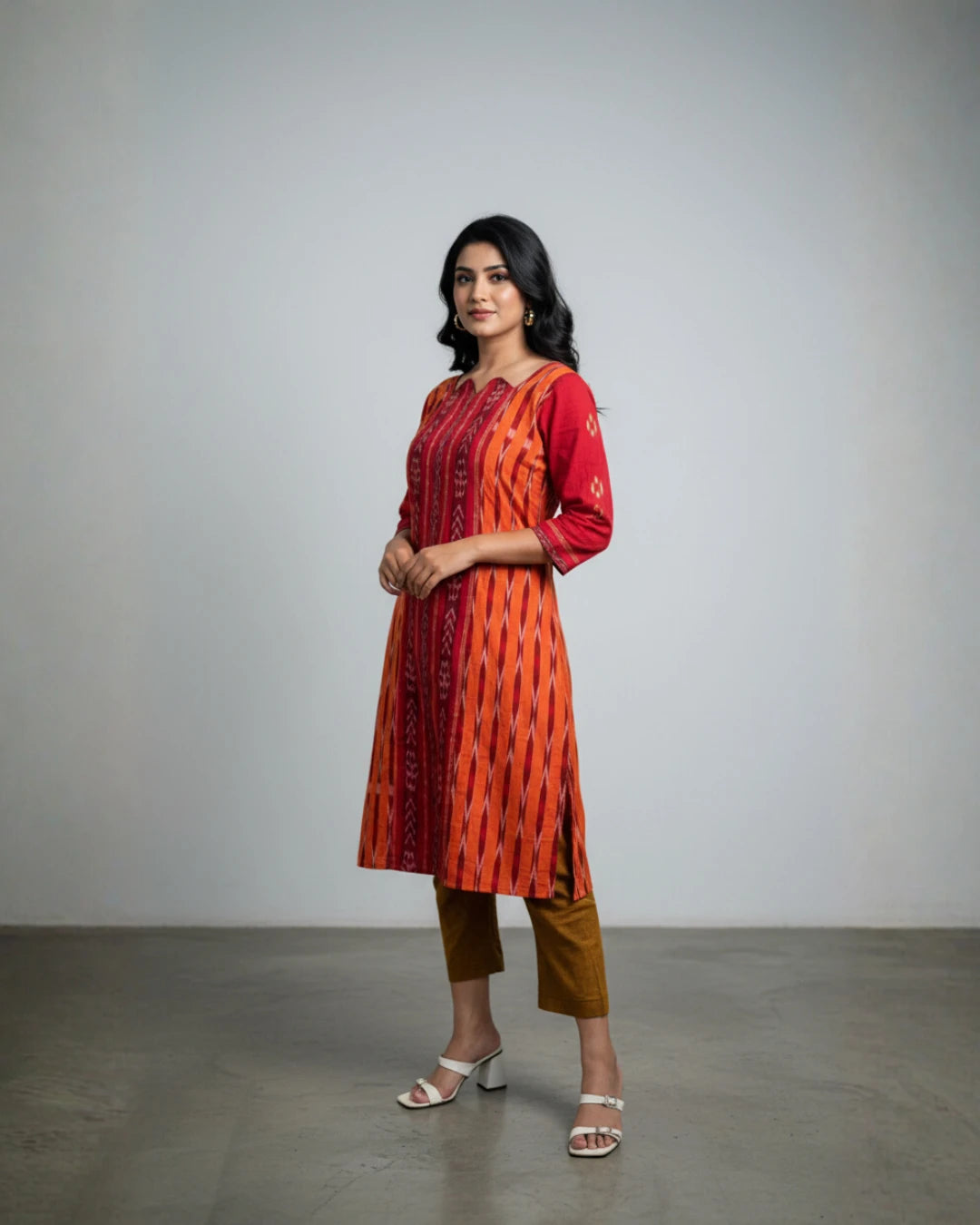 Nayra Orange & Red Sambalpuri Cotton Kurti