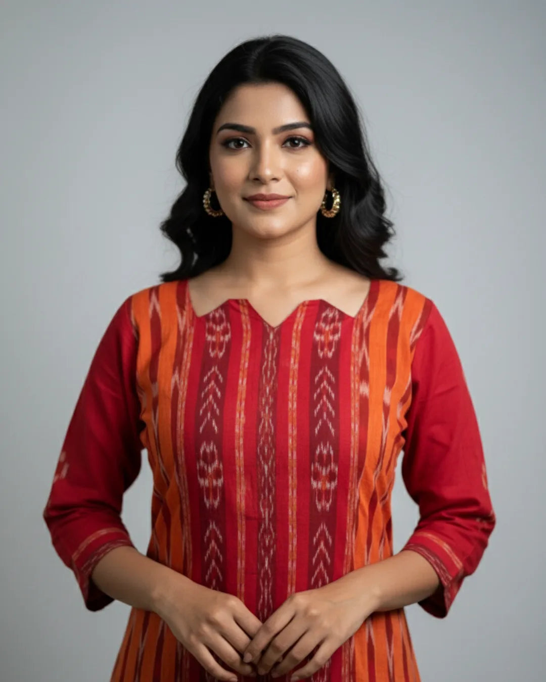 Nayra Orange & Red Sambalpuri Cotton Kurti