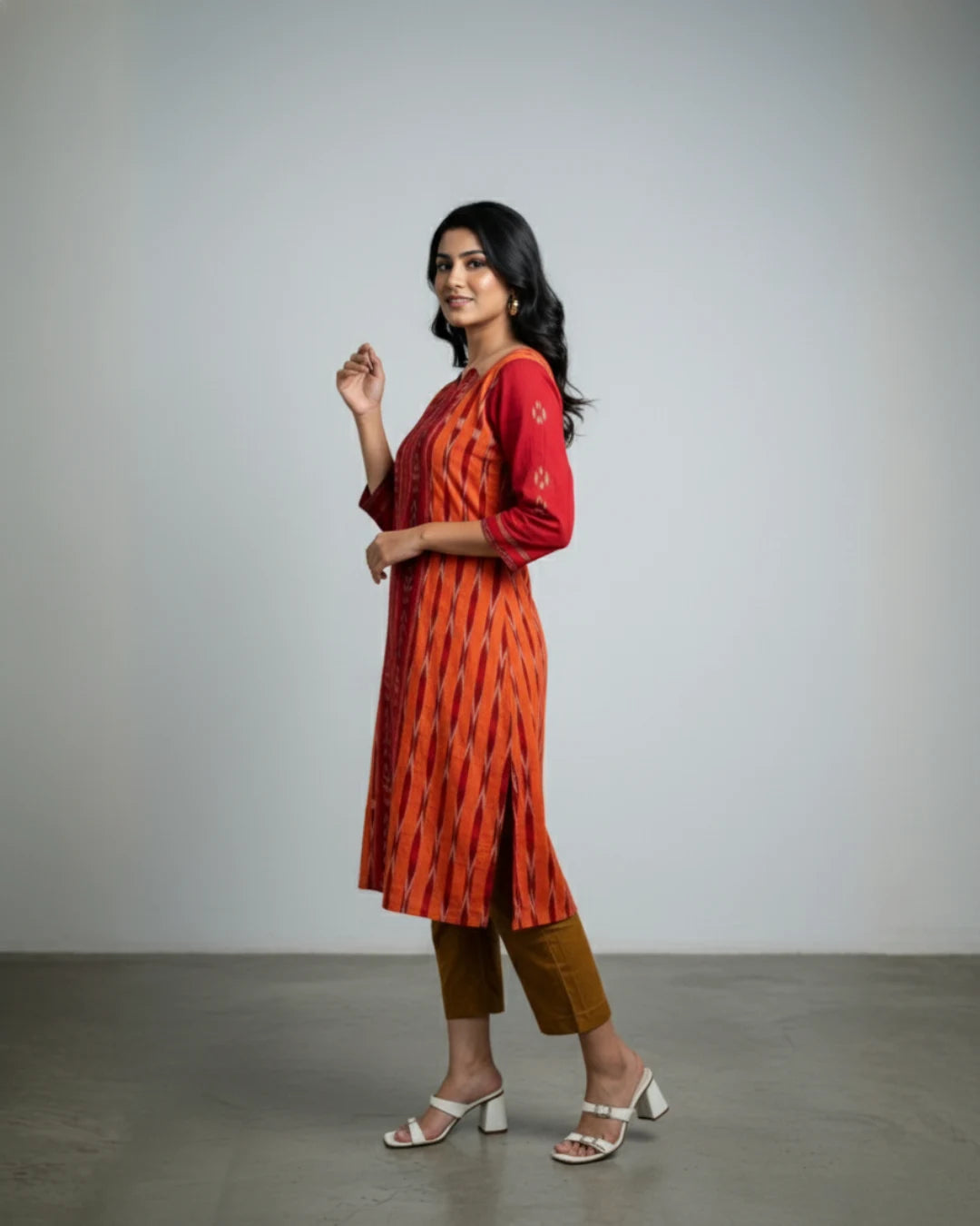 Nayra Orange & Red Sambalpuri Cotton Kurti