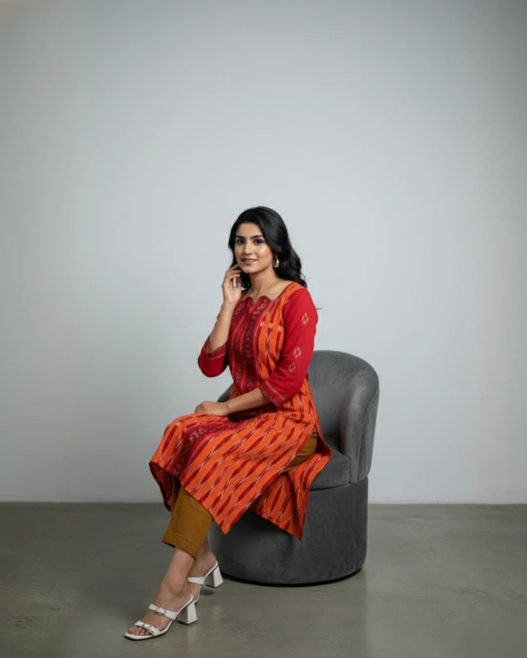 Nayra Orange & Red Sambalpuri Cotton Kurti