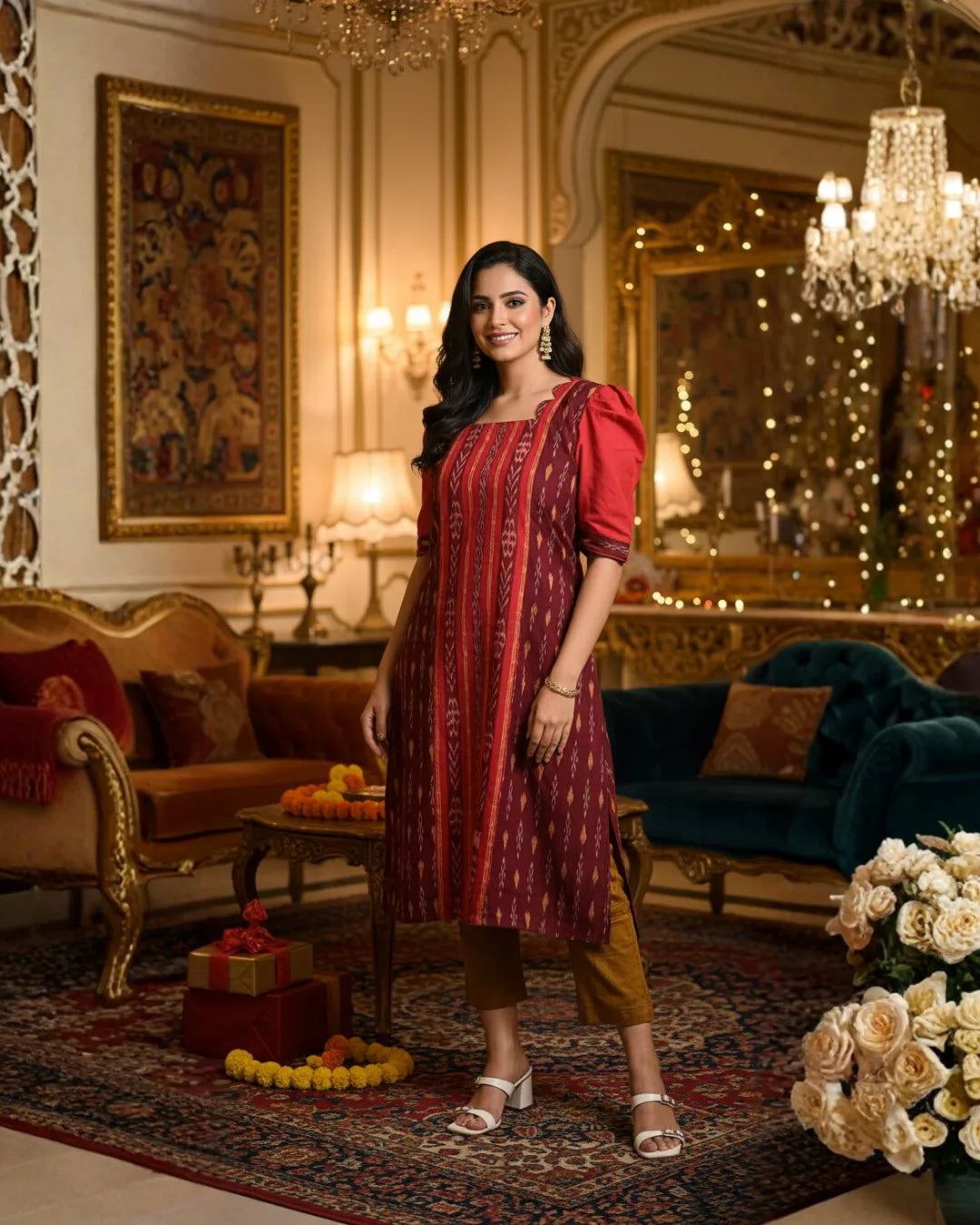 Mahika Maroon Sambalpuri Festive Cotton Kurti