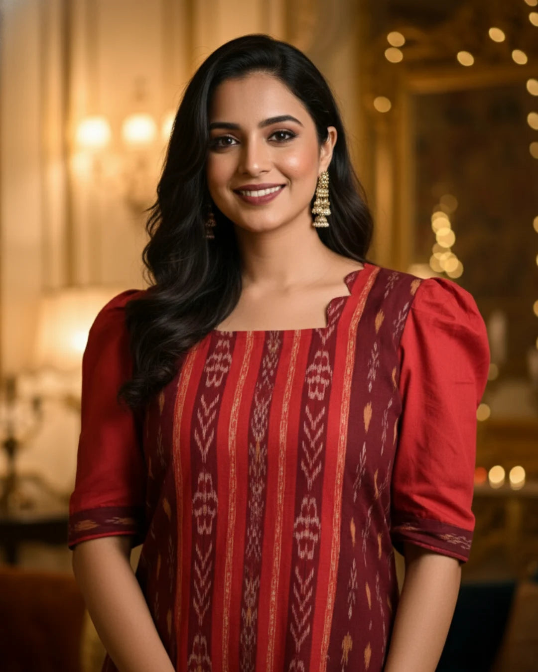 Mahika Maroon Sambalpuri Festive Cotton Kurti