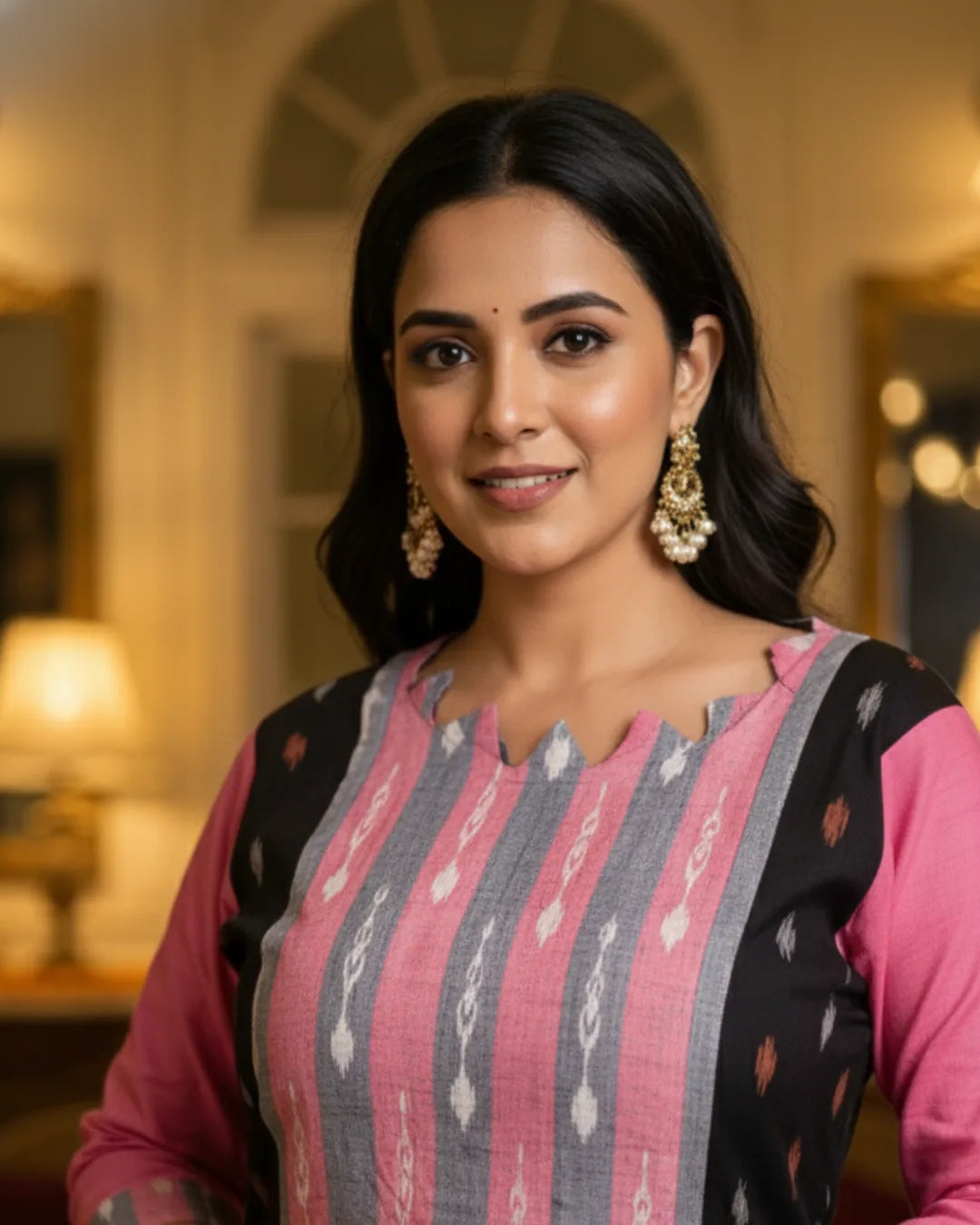 Ishya Pink & Black Sambalpuri Cotton Kurti