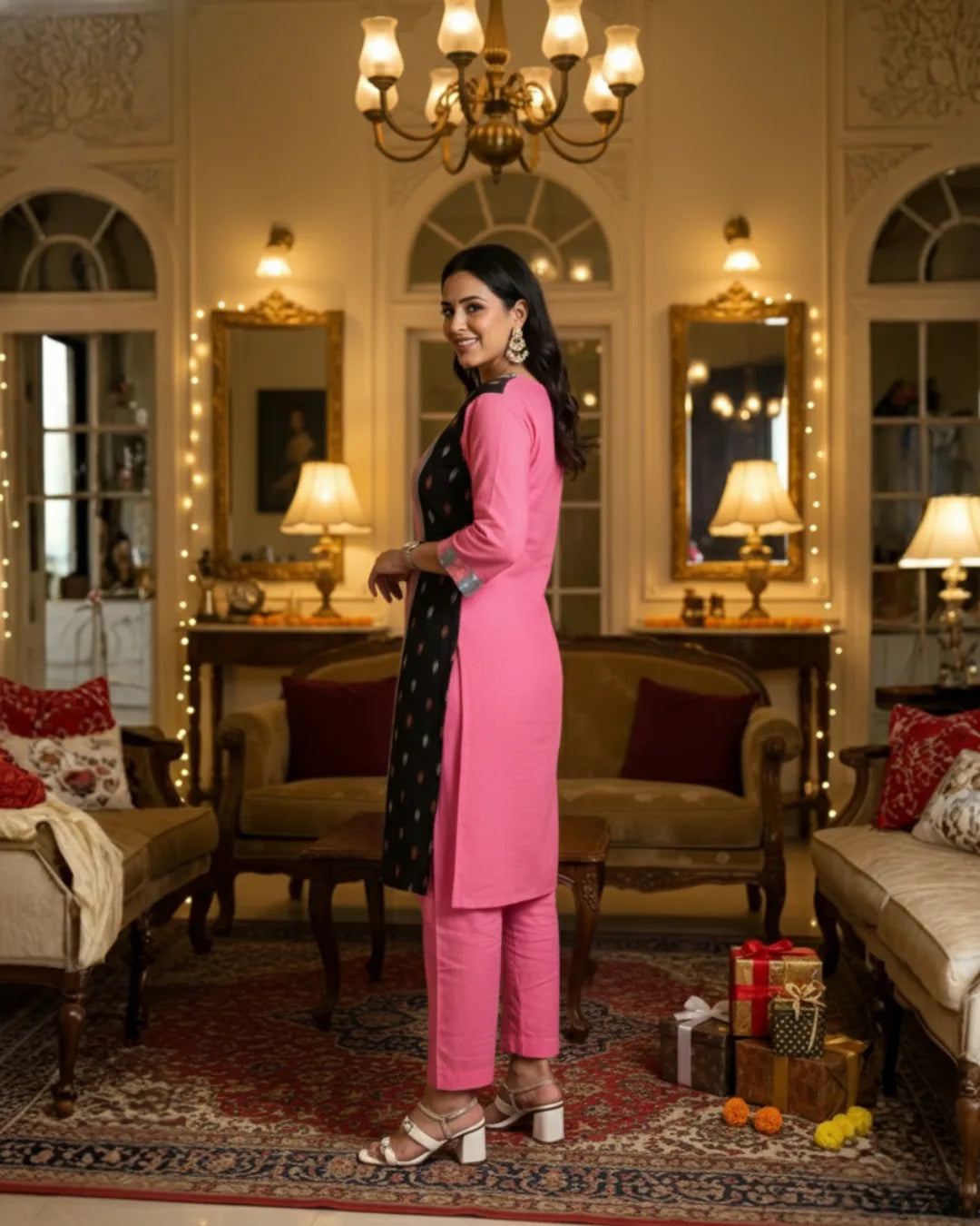 Ishya Pink & Black Sambalpuri Cotton Kurti