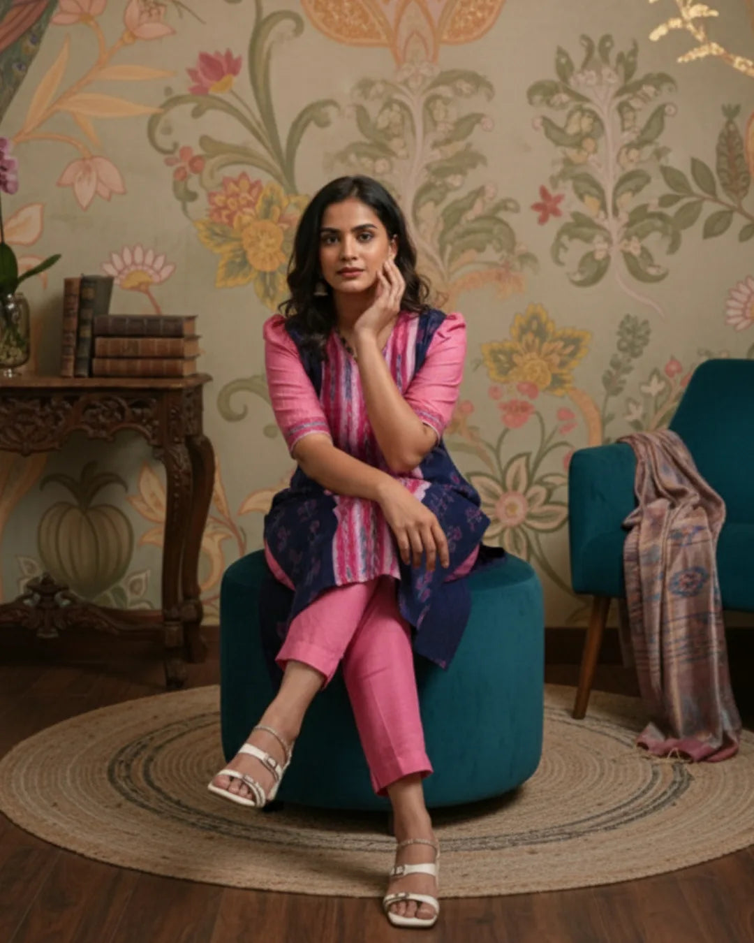 Aarika Pink & Navy Sambalpuri Cotton Kurti