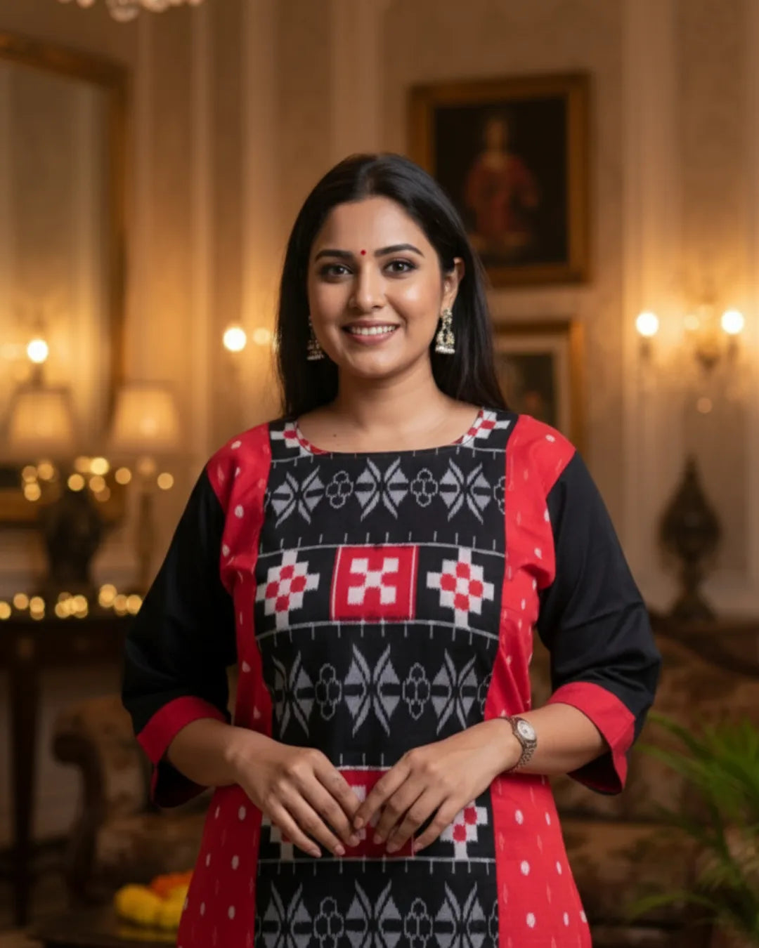 Tanira Red & Black Sambalpuri Cotton Kurti