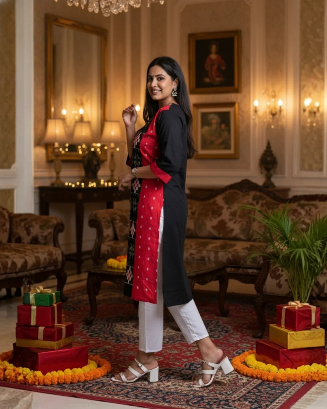 Tanira Red & Black Sambalpuri Cotton Kurti