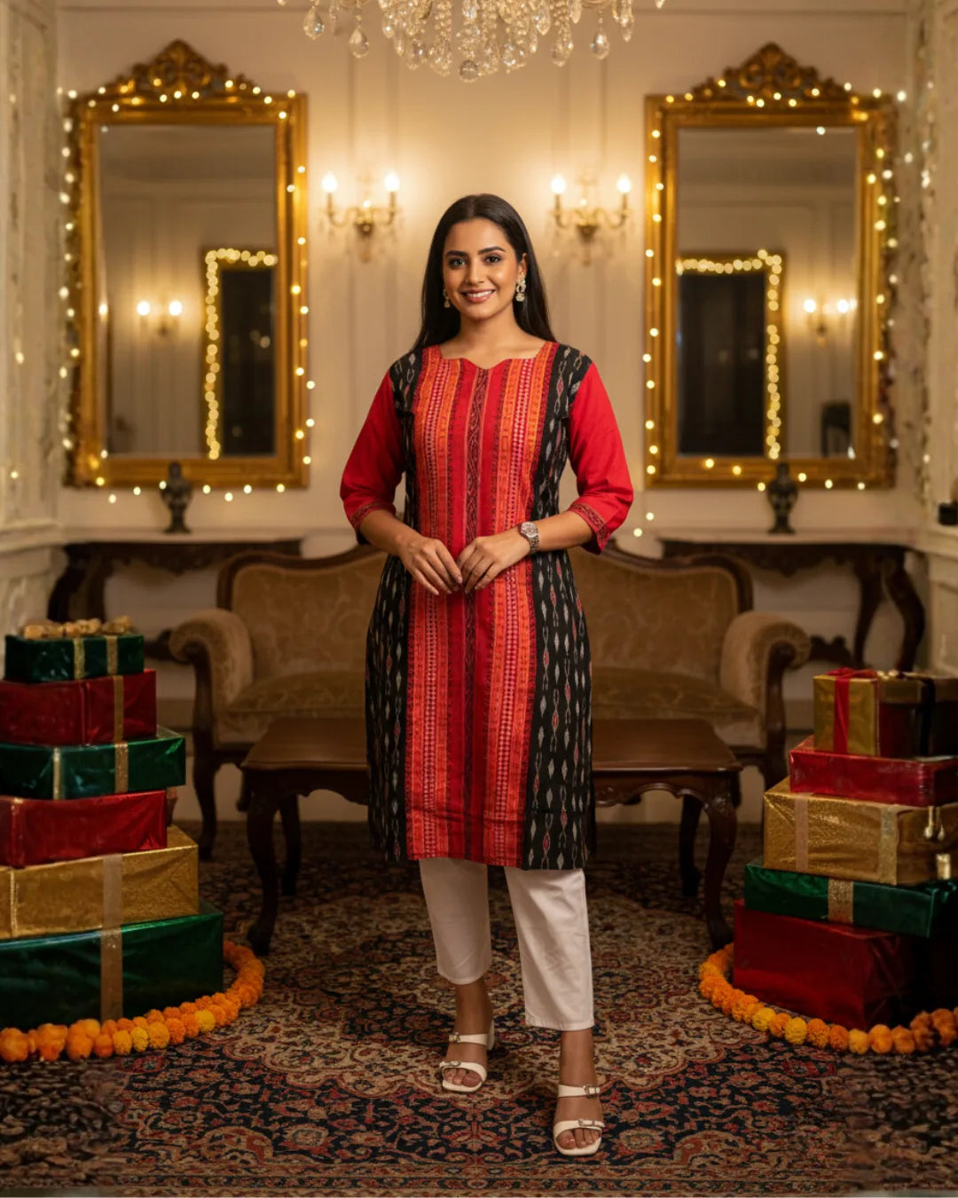 Pranika Red & Black Sambalpuri Cotton Kurti