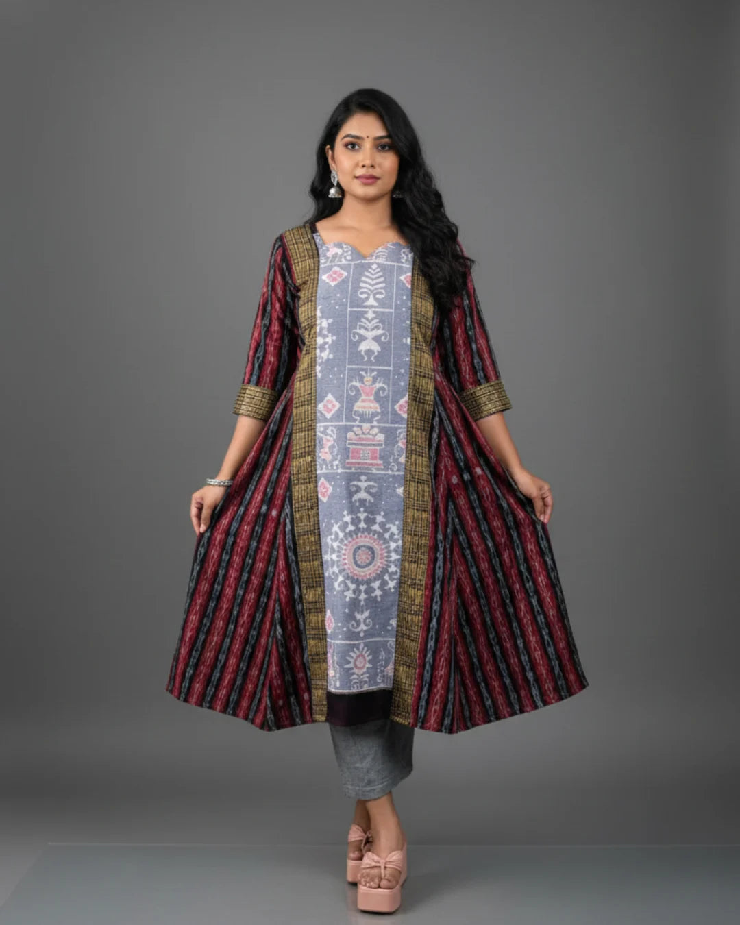Aaroh Grey & Maroon Panelled Sambalpuri Handwoven Gown