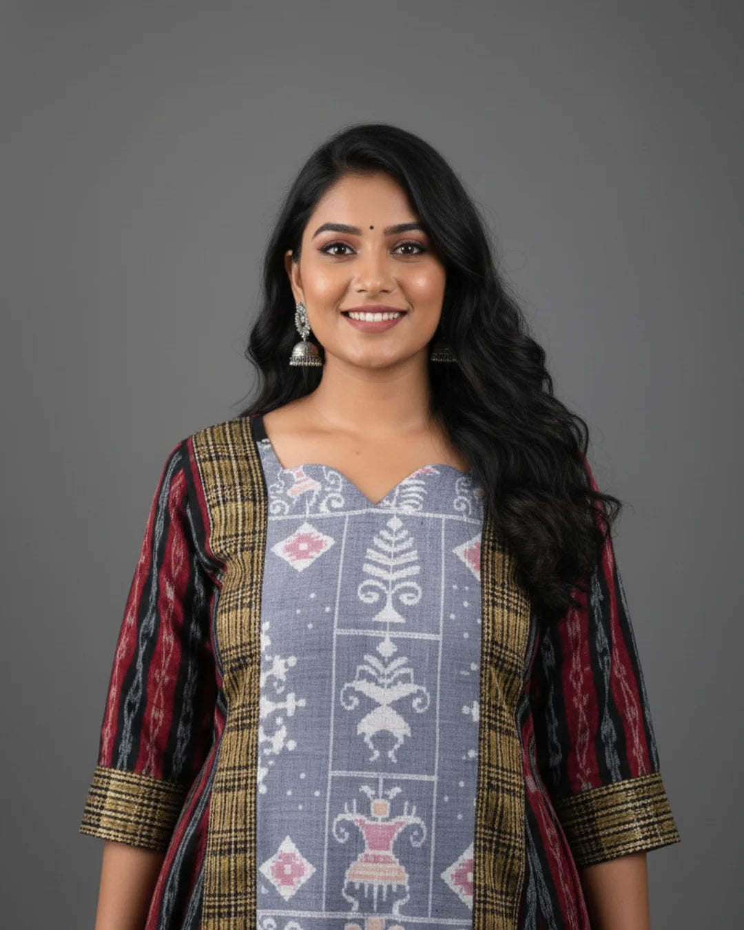 Aaroh Grey & Maroon Panelled Sambalpuri Handwoven Gown