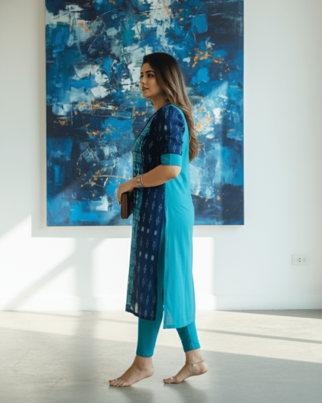 Chitra Saura Art Teal & Navy Sambalpuri Kurti - PINDHAN