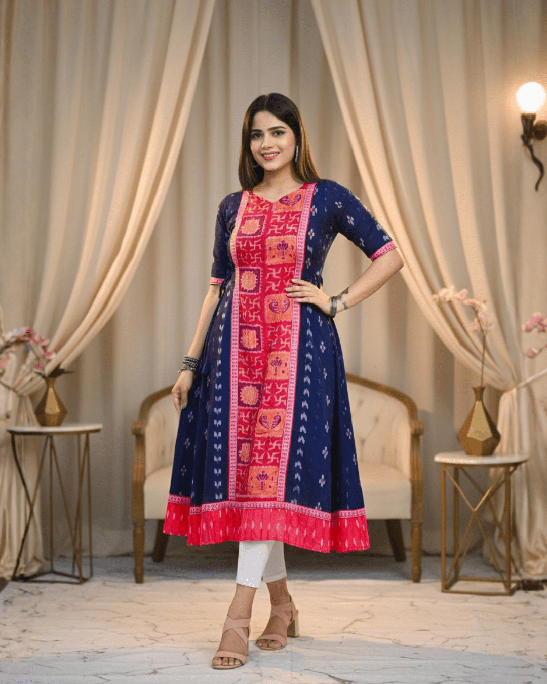 Radhika Navy Blue & Pink Panelled Sambalpuri Handwoven Gown - PINDHAN