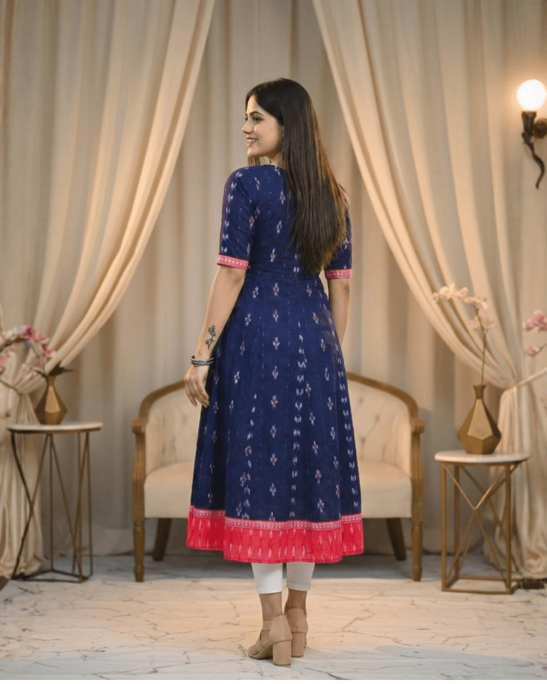 Radhika Navy Blue & Pink Panelled Sambalpuri Handwoven Gown - PINDHAN