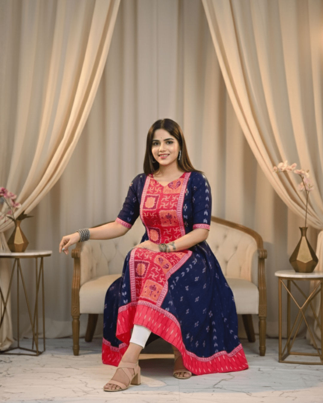 Radhika Navy Blue & Pink Panelled Sambalpuri Handwoven Gown - PINDHAN