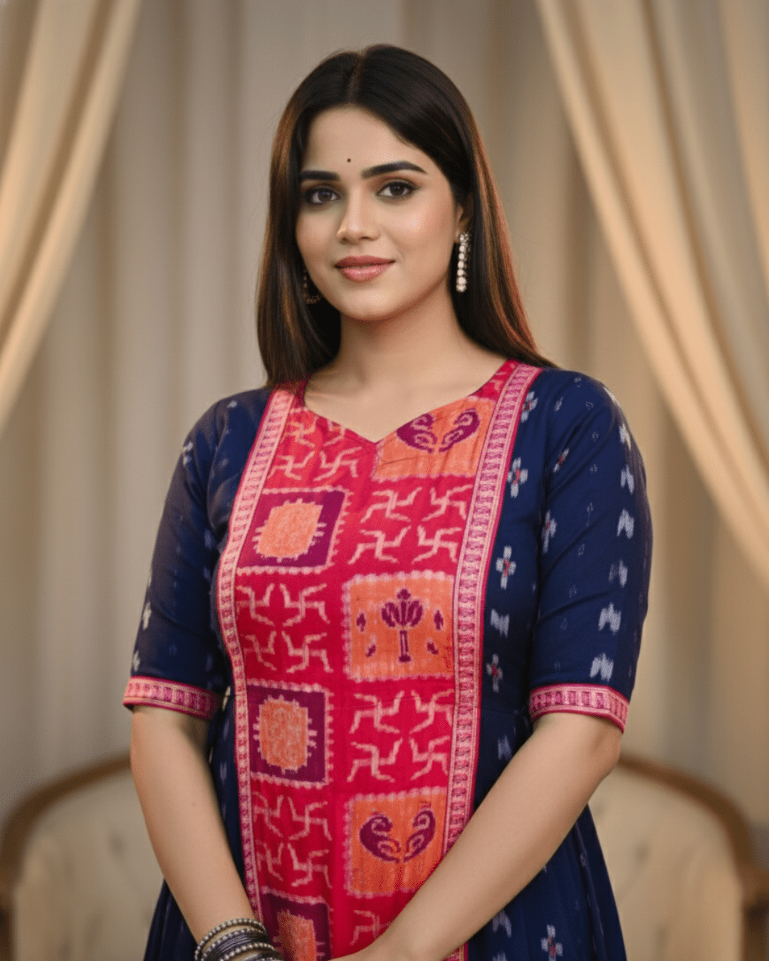 Radhika Navy Blue & Pink Panelled Sambalpuri Handwoven Gown - PINDHAN