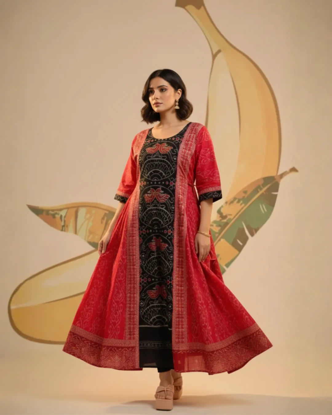 Aahana Red & Black Bird Motif Sambalpuri Gown