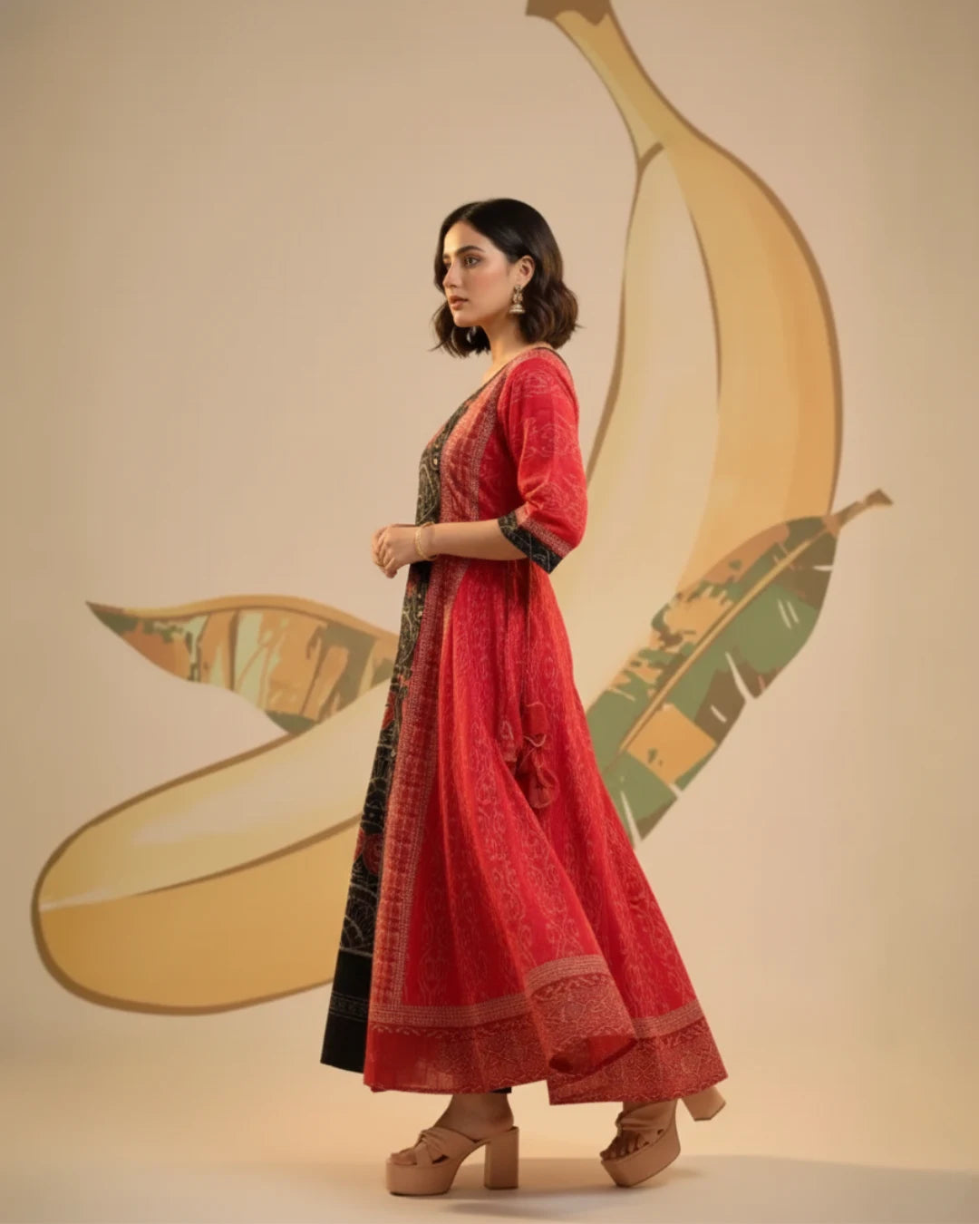Aahana Red & Black Bird Motif Sambalpuri Gown