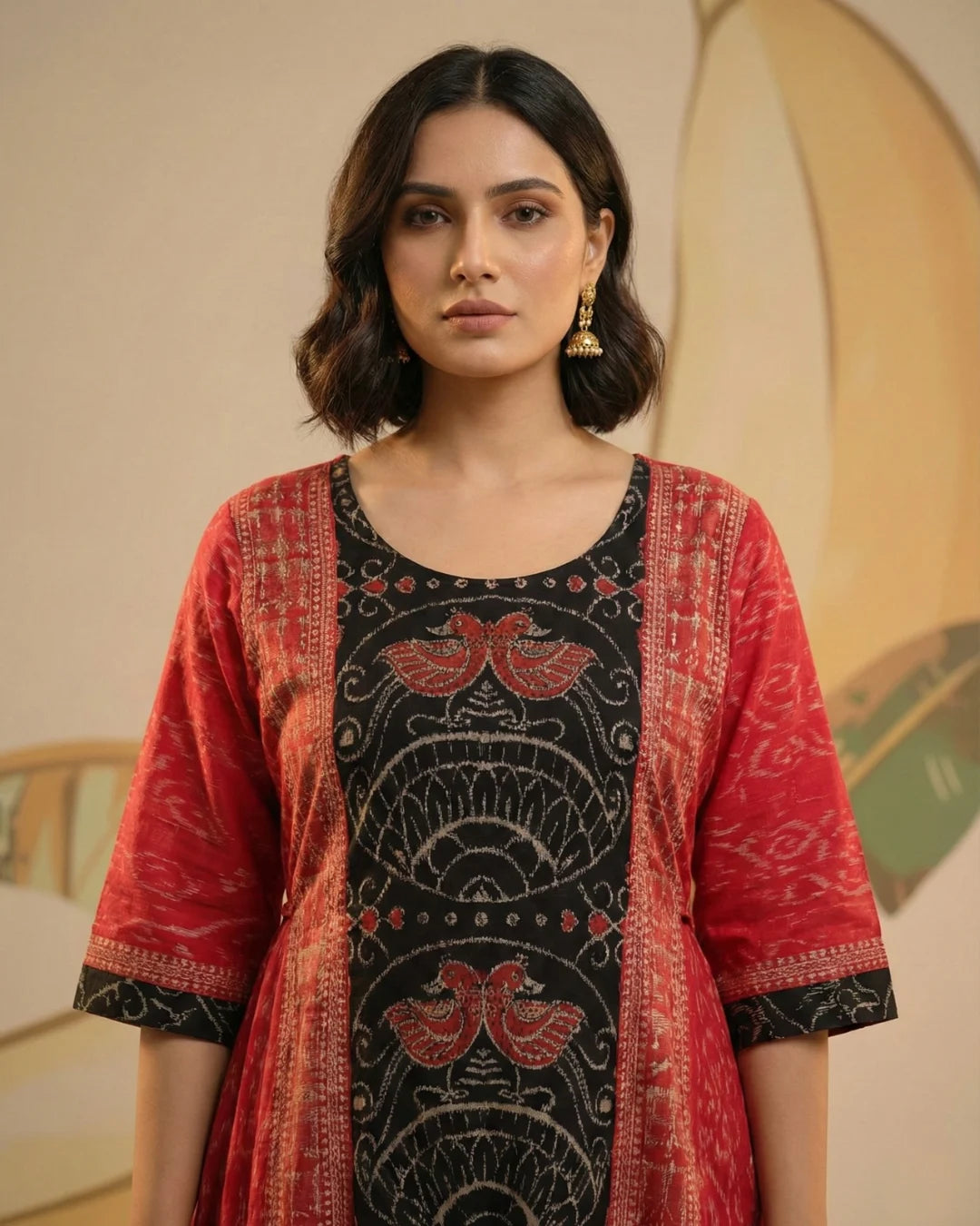 Aahana Red & Black Bird Motif Sambalpuri Gown