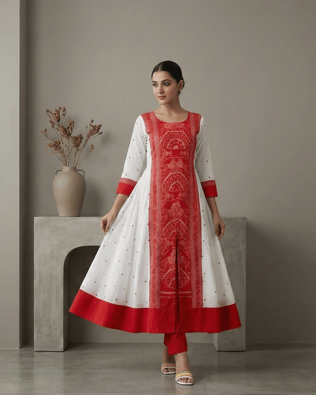 Shubhra White & Red Royal Panelled Sambalpuri Gown - PINDHAN