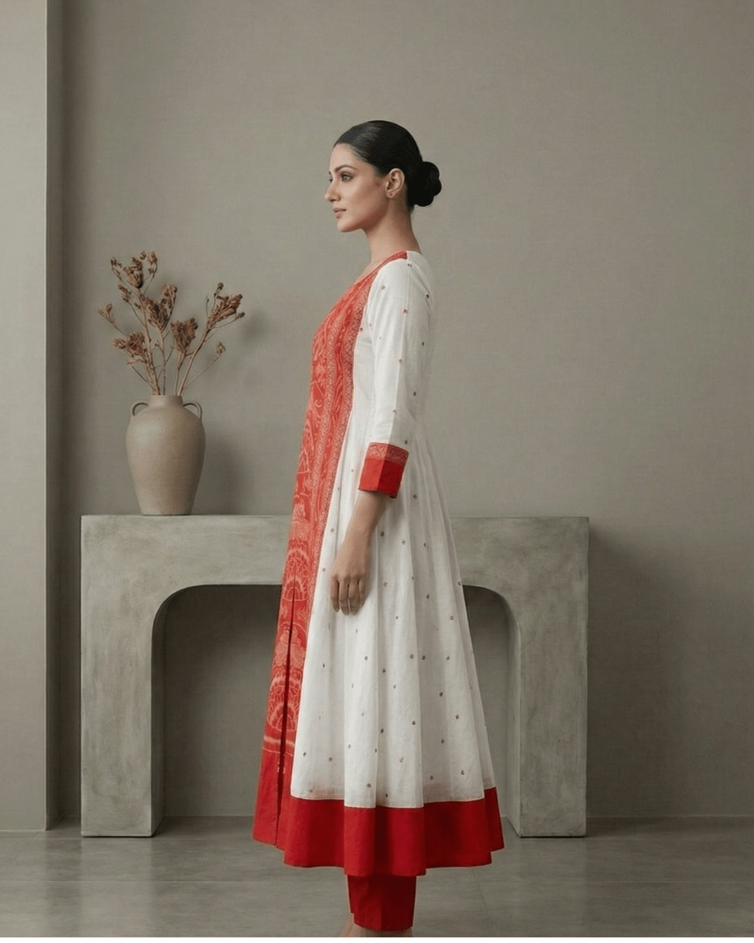 Shubhra White & Red Royal Panelled Sambalpuri Gown - PINDHAN