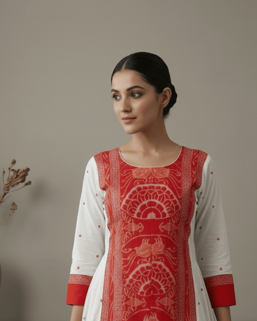 Shubhra White & Red Royal Panelled Sambalpuri Gown - PINDHAN