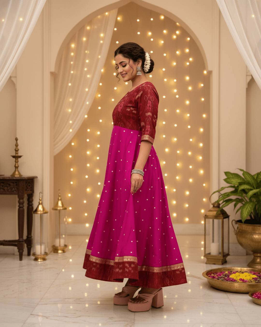 Kanika Handwoven Magenta & Maroon Sambalpuri Festive Gown - PINDHAN