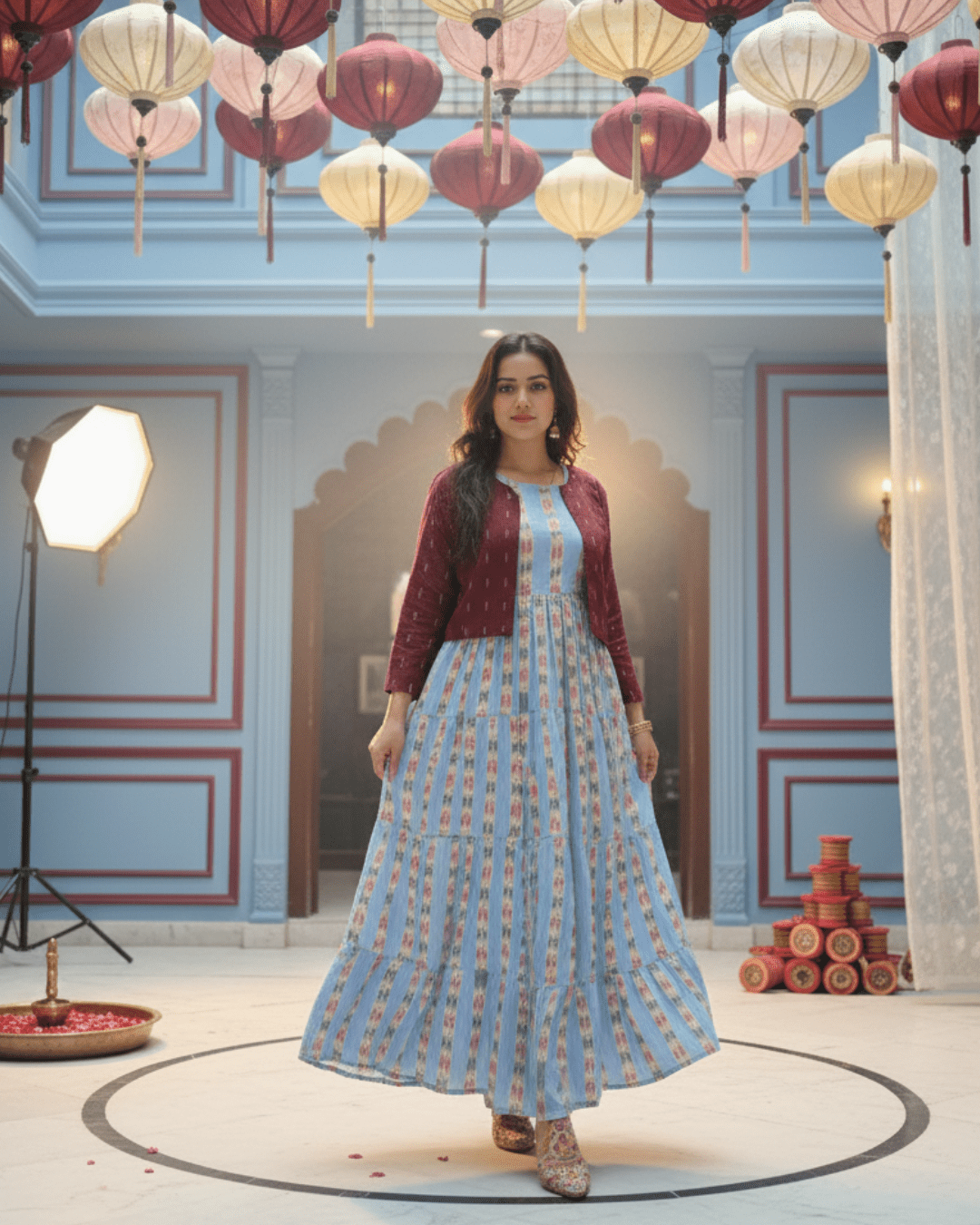 Aarini Handwoven Sky Blue Sambalpuri Gown with Maroon Jacket - PINDHAN
