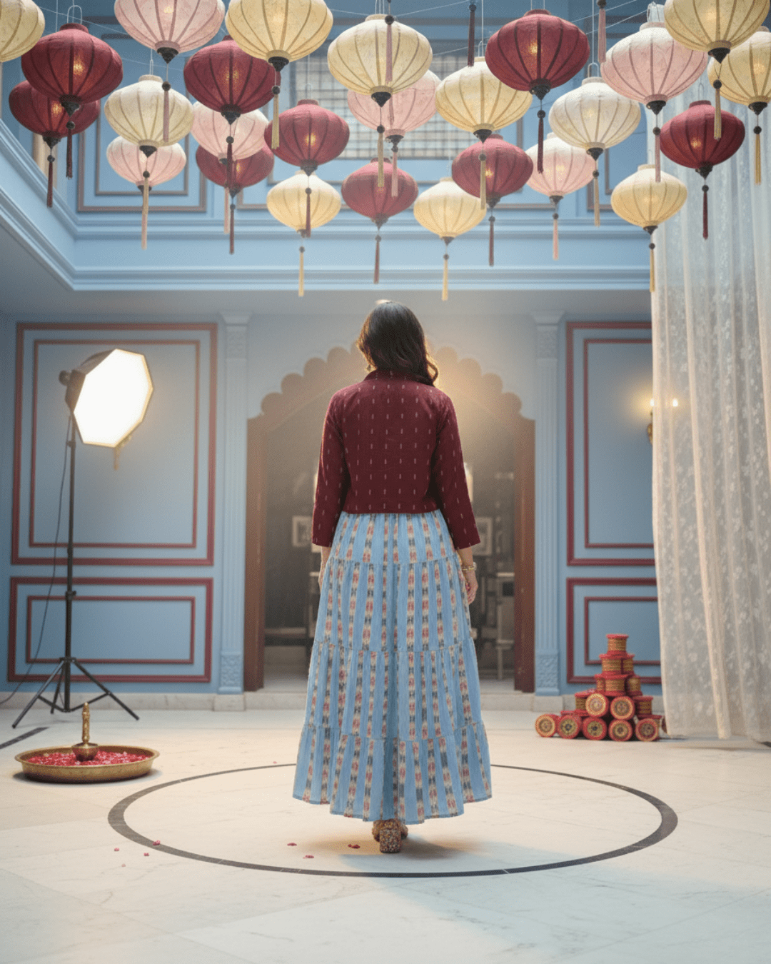 Aarini Handwoven Sky Blue Sambalpuri Gown with Maroon Jacket - PINDHAN