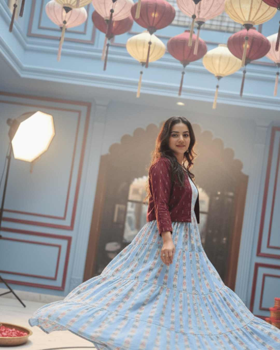 Aarini Handwoven Sky Blue Sambalpuri Gown with Maroon Jacket - PINDHAN