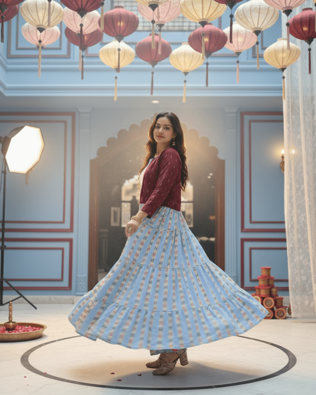 Aarini Handwoven Sky Blue Sambalpuri Gown with Maroon Jacket - PINDHAN
