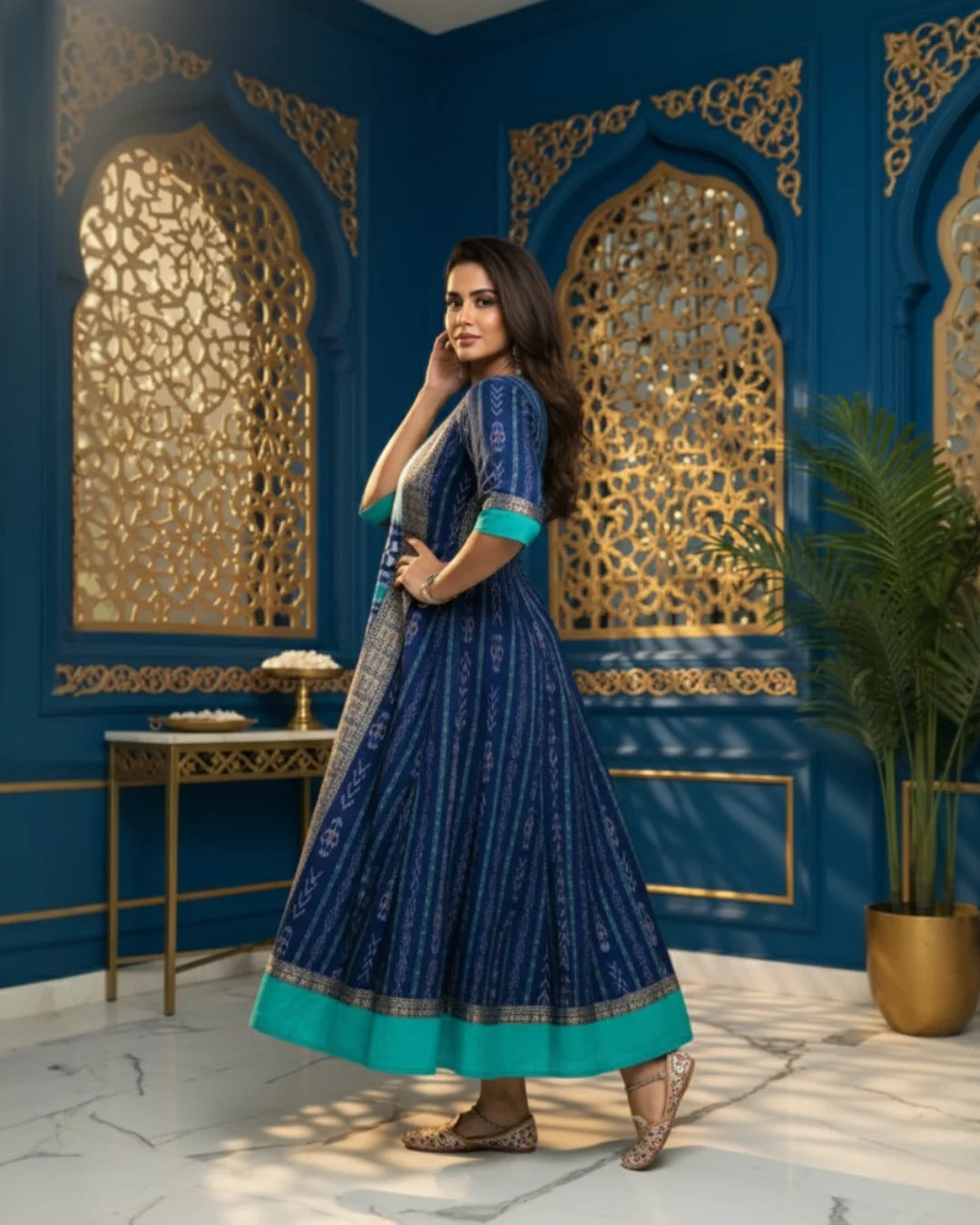 Devina, Navy & Teal Sambalpuri Handwoven Cotton Gown