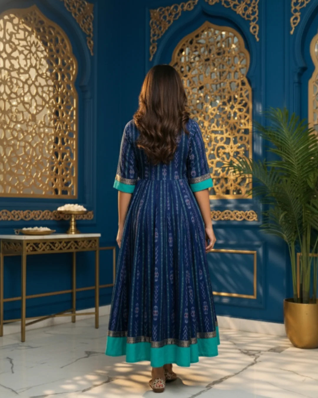 Devina, Navy & Teal Sambalpuri Handwoven Cotton Gown