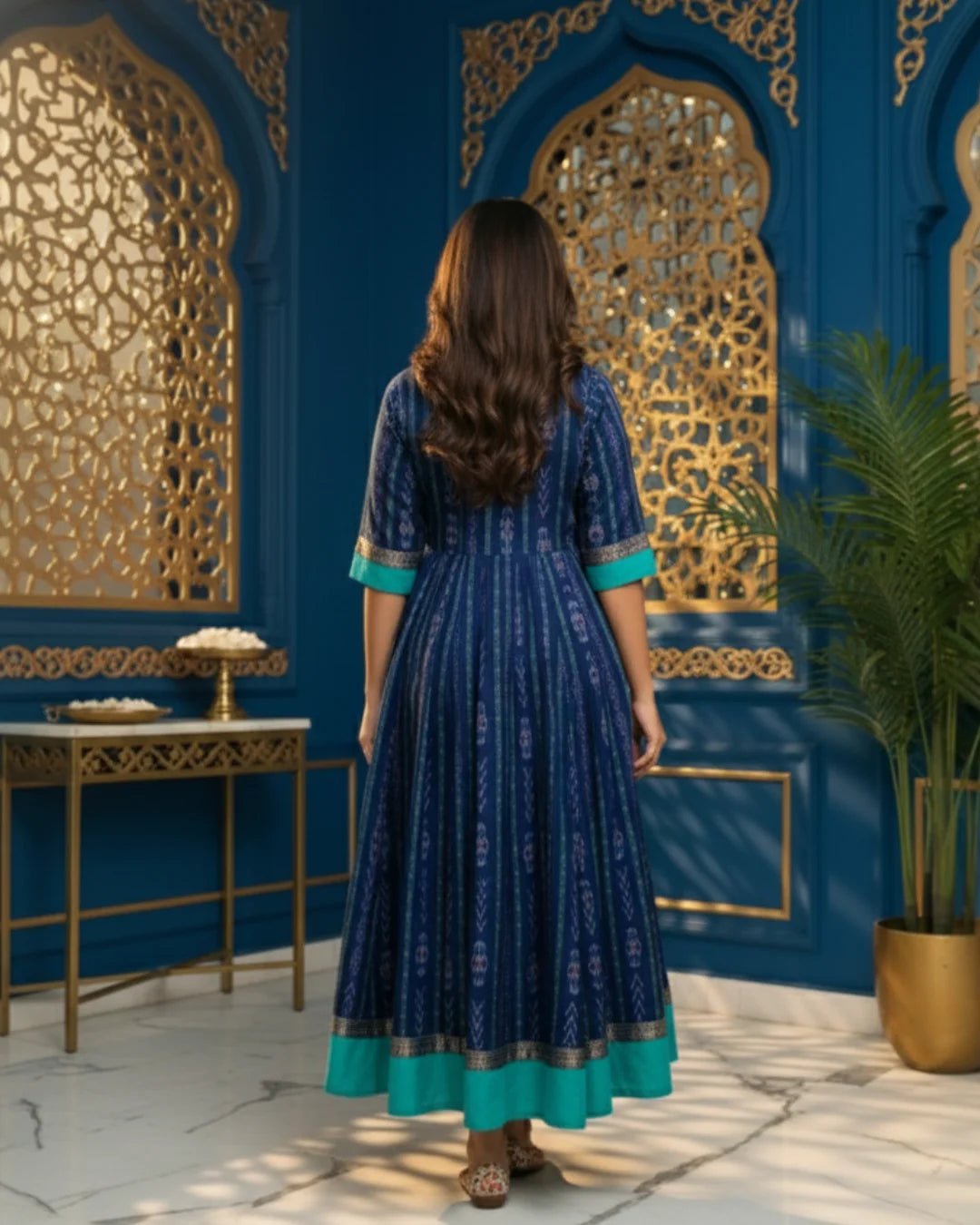 Devina, Navy & Teal Sambalpuri Handwoven Cotton Gown - PINDHAN