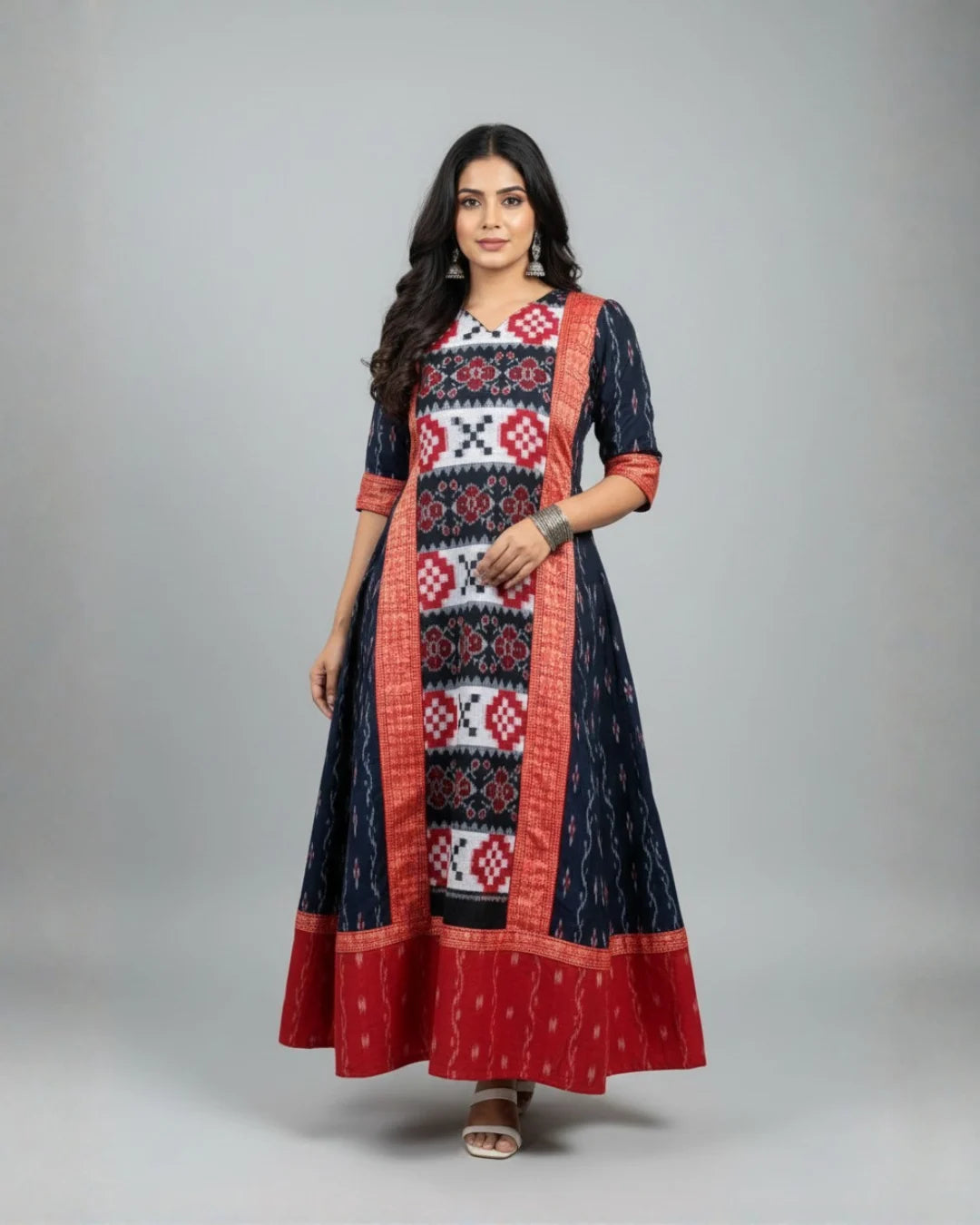 Nisita Navy Blue & Crimson Red Sambalpuri Handloom Cotton Anarkali Dress