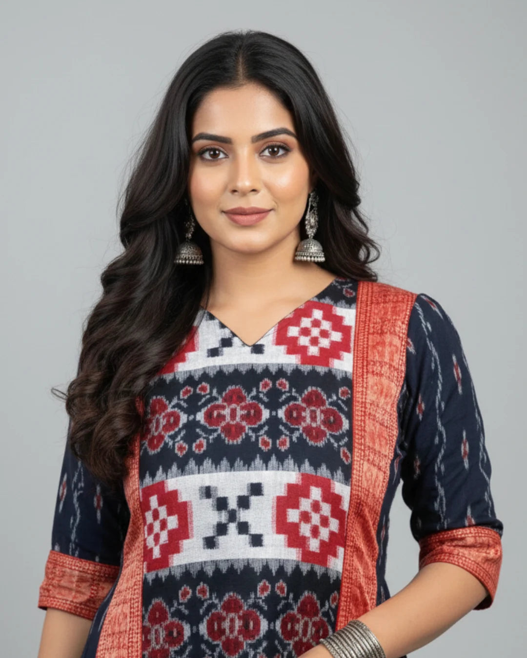 Nisita Navy Blue & Crimson Red Sambalpuri Handloom Cotton Anarkali Dress