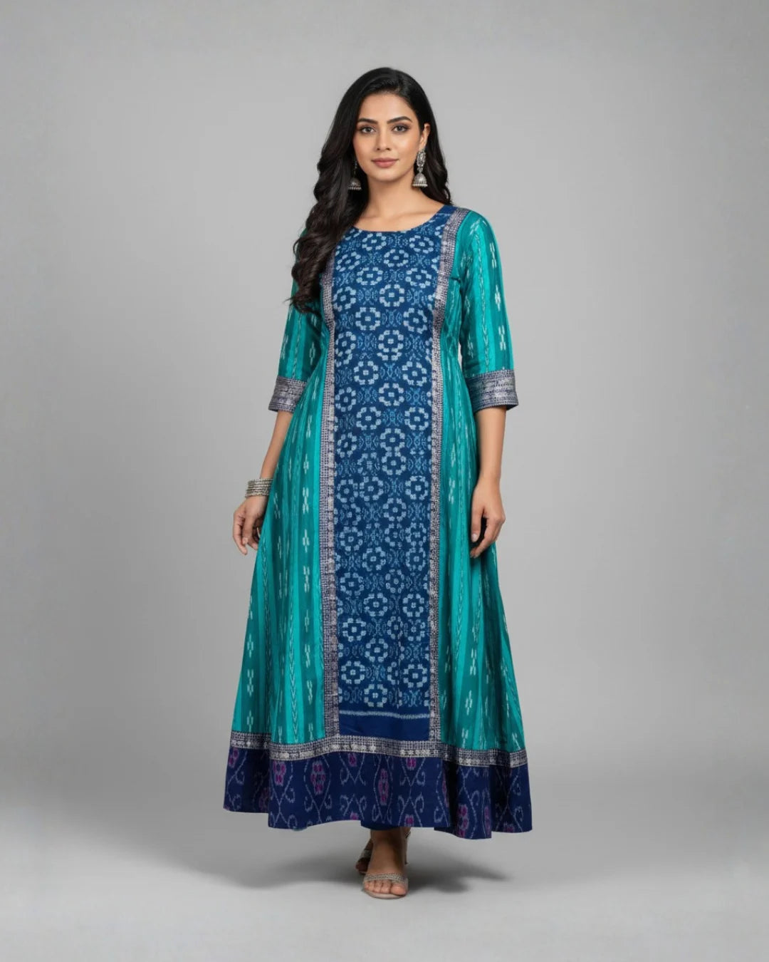 Nilambika Teal & Indigo Sambalpuri Handloom Anarkali Dress